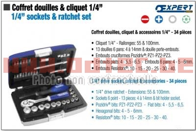 COFFRET DE DOUILLES 1/4 + CLIQUETS (35 PCS)